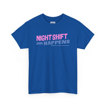 Night Shift Happens t-shirt in royal blue, front print
