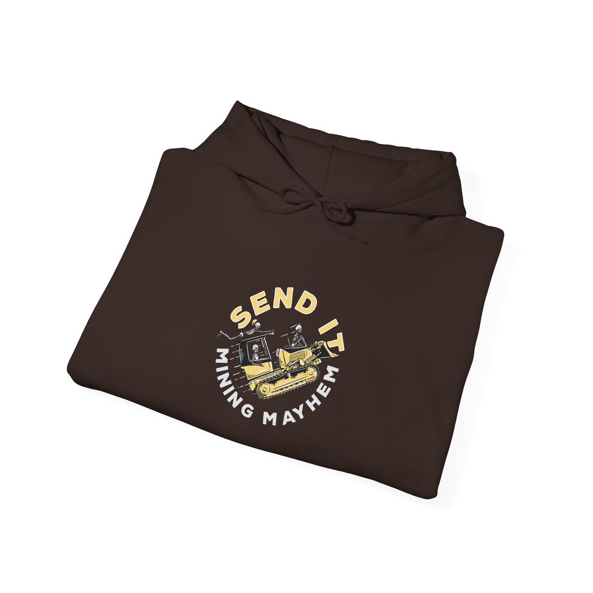 Send It dark chocolate hoodie folded, print detail