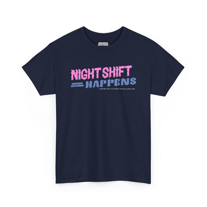 Night Shift Happens t-shirt in navy, front print