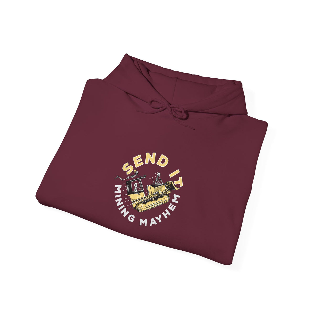 Send It maroon hoodie folded, print detail