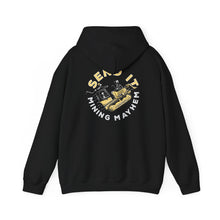 Send It hoodie in black, back print of skeletons riding a yellow dozer