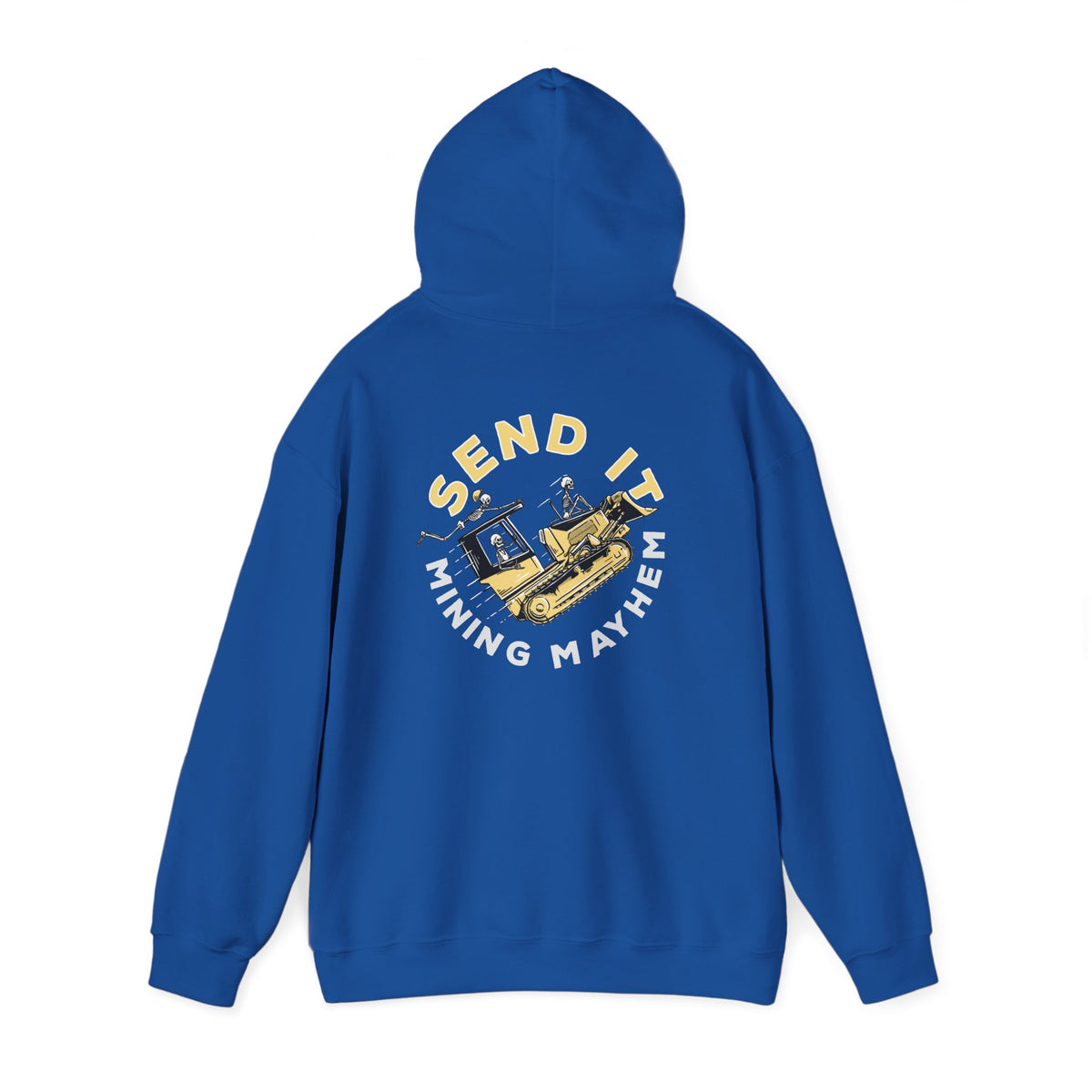 Send It hoodie in royal blue, back print, hanging