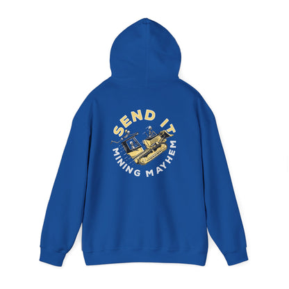 Send It hoodie in royal blue, back print, hanging
