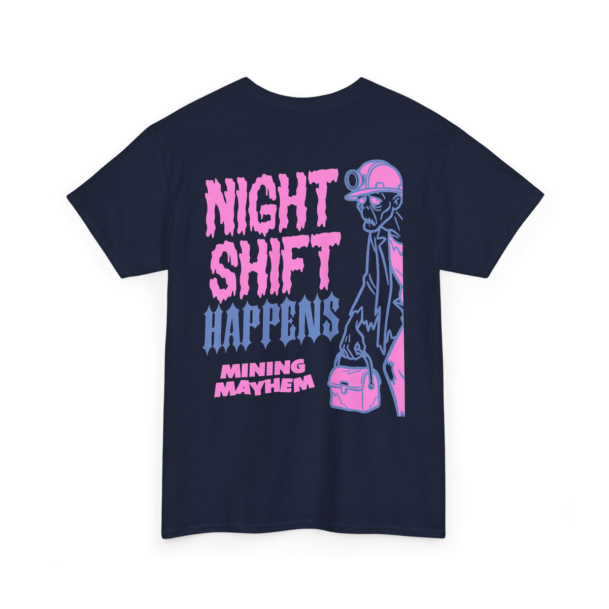 Night Shift Happens t-shirt in navy, back print