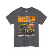 DOZER The Beast t-shirt in charcoal, retro orange DOZER lettering with yellow dozers and sunset