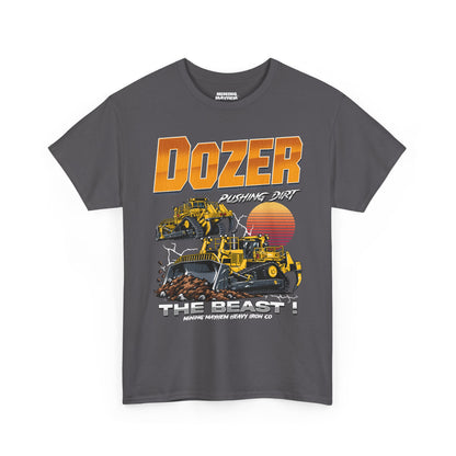 DOZER The Beast t-shirt in charcoal, retro orange DOZER lettering with yellow dozers and sunset