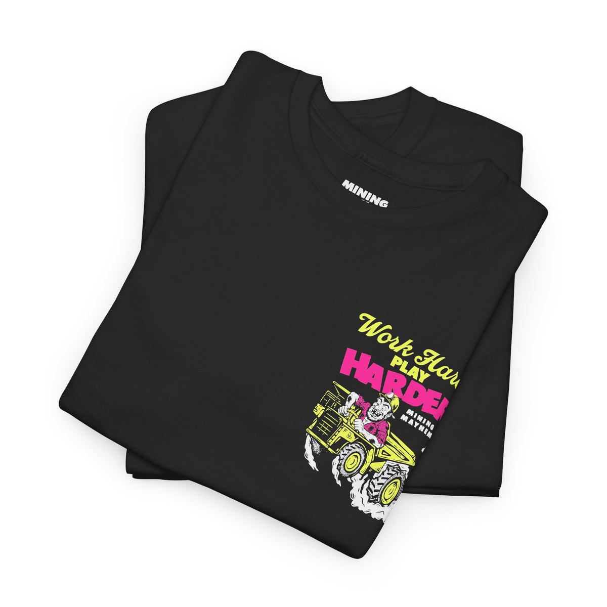 Work Hard Play Harder black t-shirt folded, print detail
