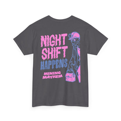 Night Shift Happens t-shirt in charcoal, back print of miner in hard hat and headlamp carrying a crib box