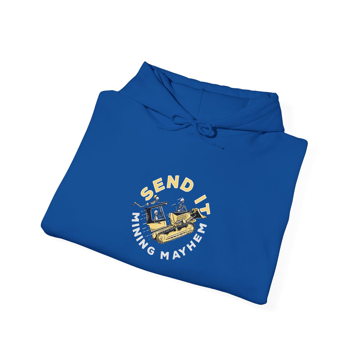 Send It royal blue hoodie folded, print detail
