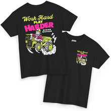 Work Hard Play Harder t-shirt in black, front and back, neon yellow and pink print of a miner driving a dump truck
