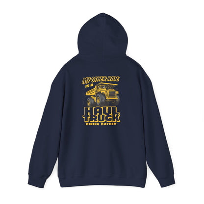 My Other Ride is a Haul Truck hoodie in navy, back print, hanging