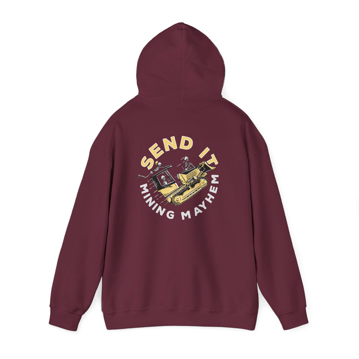 Send It hoodie in maroon, back print, hanging
