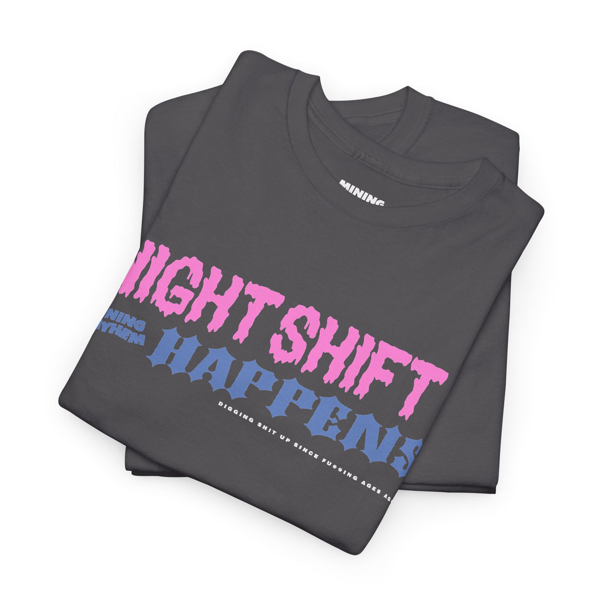 Night Shift Happens charcoal t-shirt folded, print detail