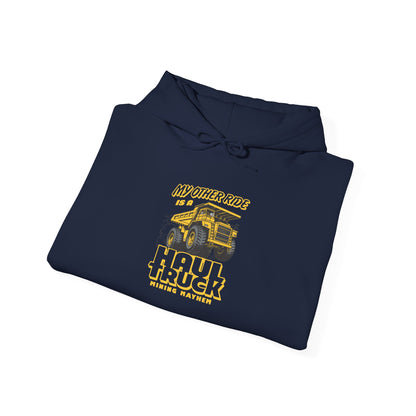 My Other Ride is a Haul Truck navy hoodie folded, print detail