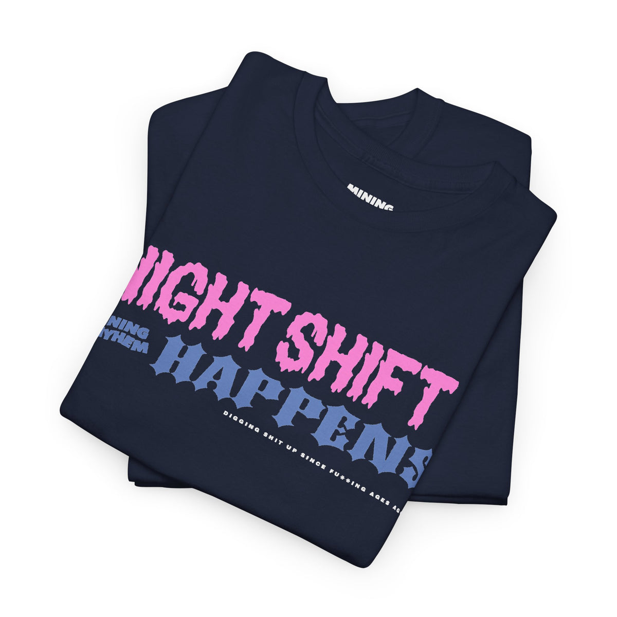 Night Shift Happens navy t-shirt folded, print detail
