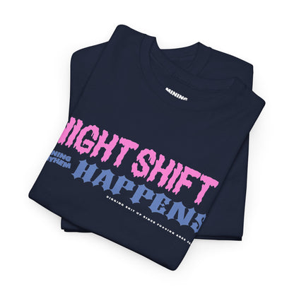 Night Shift Happens navy t-shirt folded, print detail