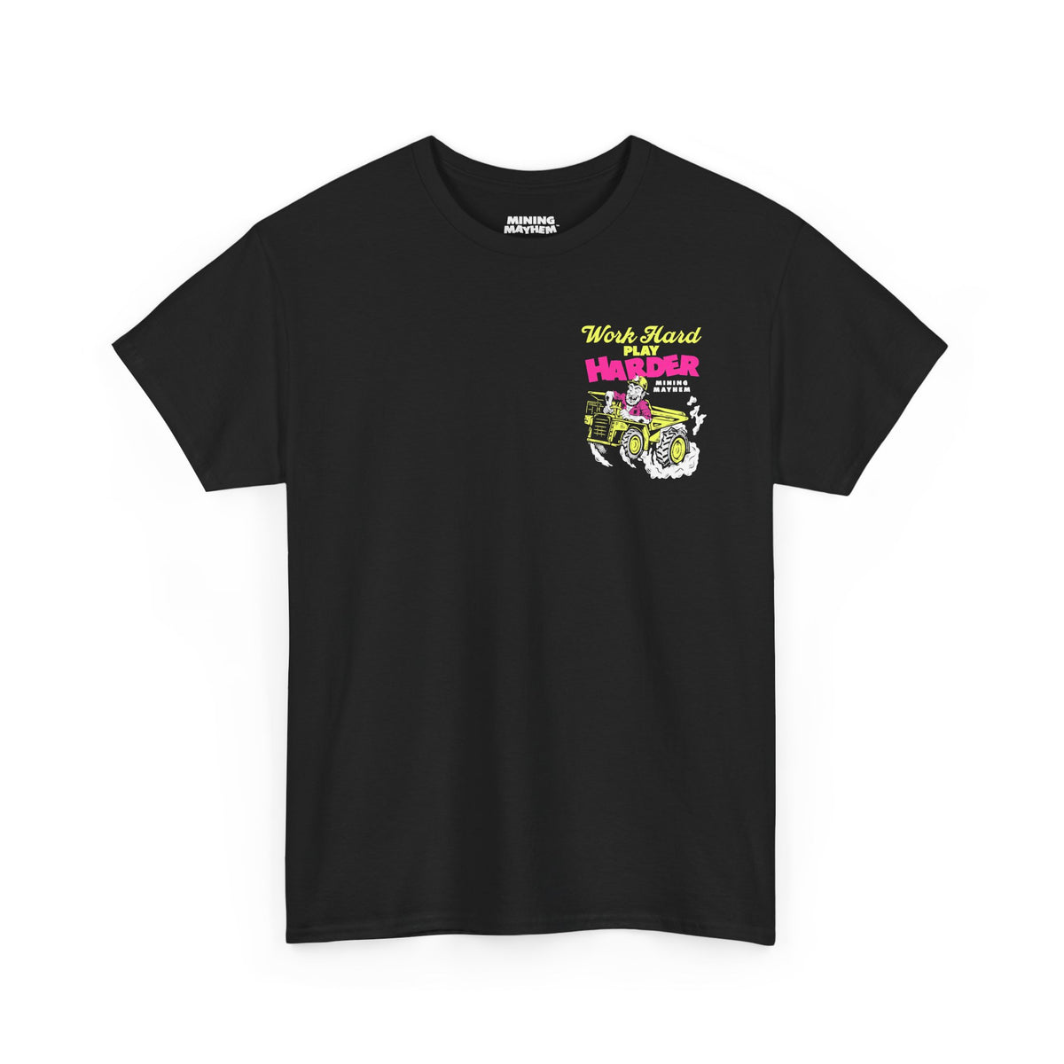 Work Hard Play Harder t-shirt in black, front chest print