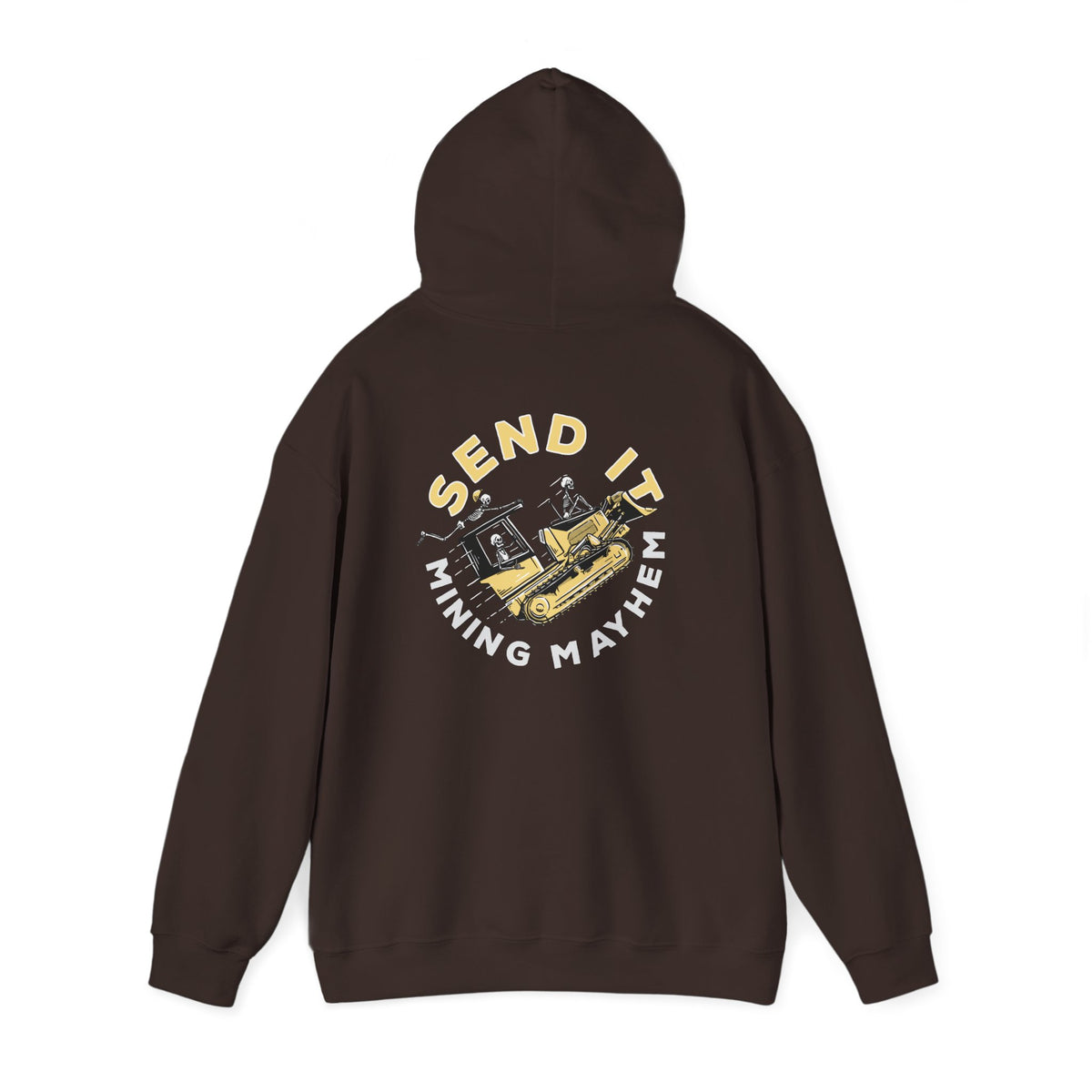 Send It hoodie in dark chocolate, back print, hanging
