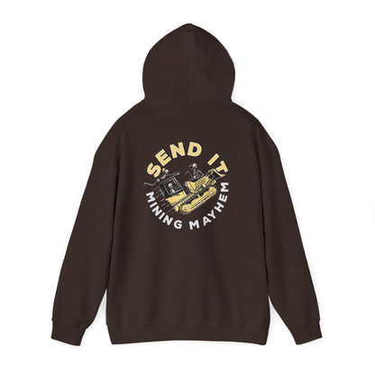Send It hoodie in dark chocolate, back print, hanging
