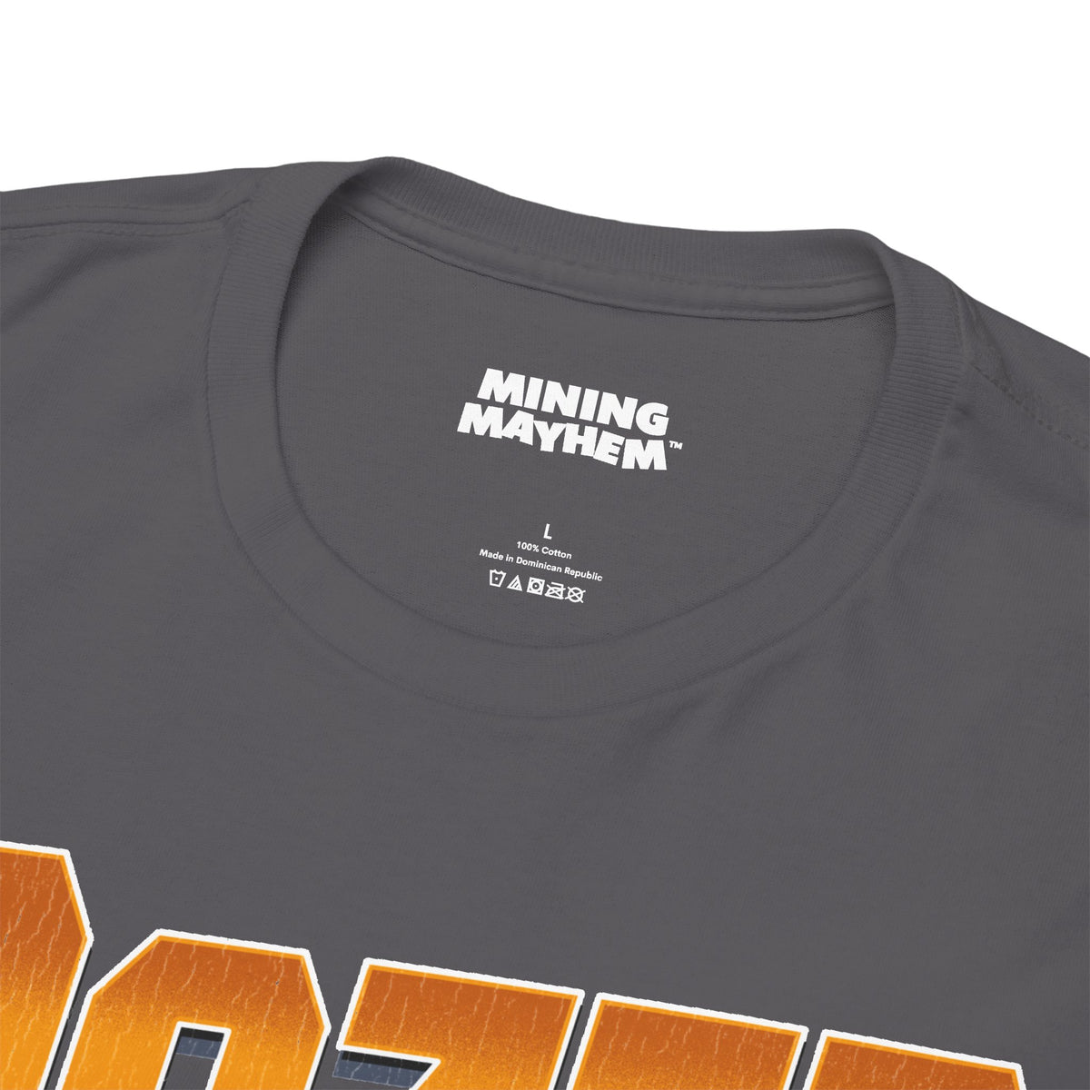 Mining Mayhem neck label detail on charcoal t-shirt