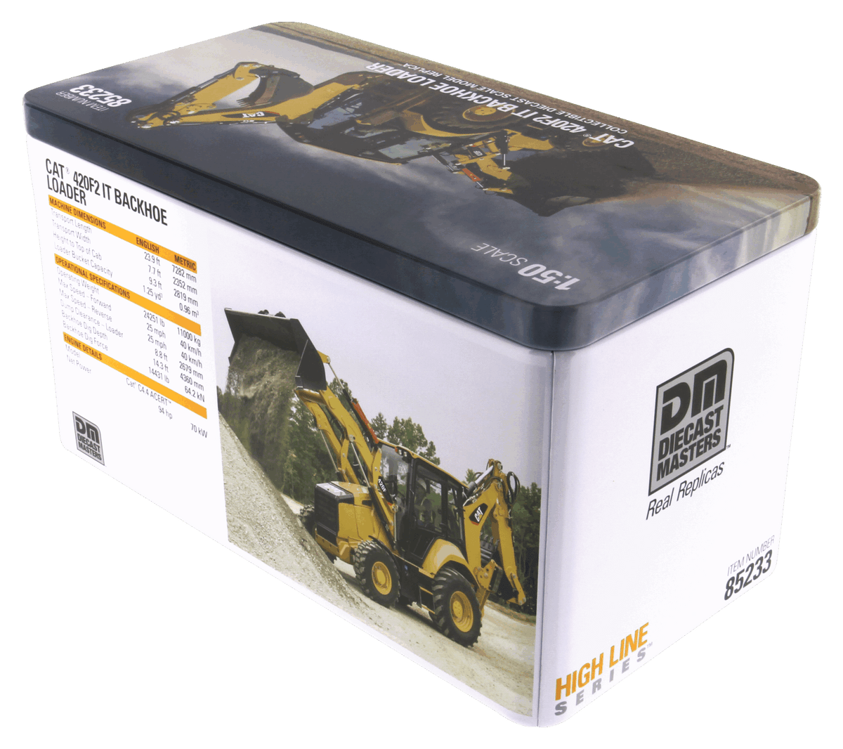 CAT 420F2 IT Backhoe Loader High Line Series 1:50 Scale retail packaging