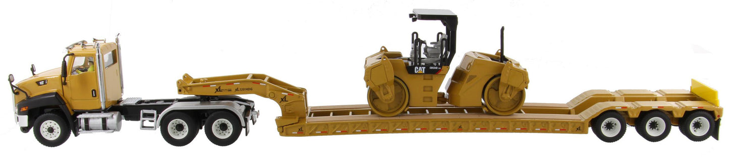 CT660 Day Cab & XL 120 Low Profile Trailer with CAT CB-534D XW Vibratory Asphalt Compactor 1:50 Scale Die Cast Model