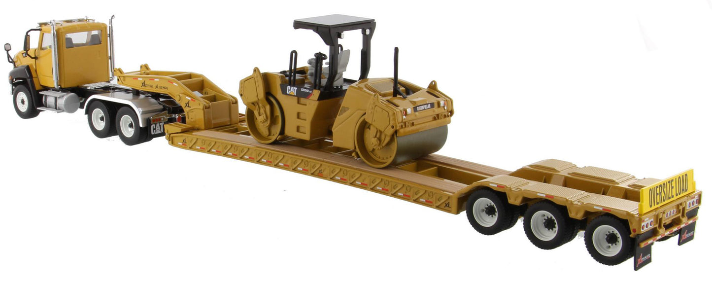 CT660 Day Cab & XL 120 Low Profile Trailer with CAT CB-534D XW Vibratory Asphalt Compactor 1:50 Scale Die Cast Model