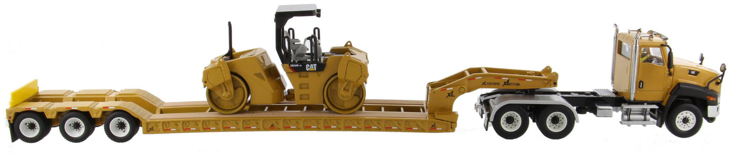 CT660 Day Cab & XL 120 Low Profile Trailer with CAT CB-534D XW Vibratory Asphalt Compactor 1:50 Scale Die Cast Model