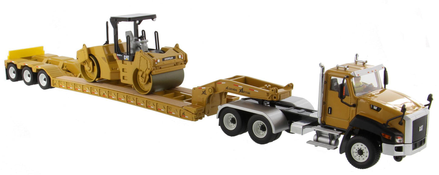CT660 Day Cab & XL 120 Low Profile Trailer with CAT CB-534D XW Vibratory Asphalt Compactor 1:50 Scale Die Cast Model