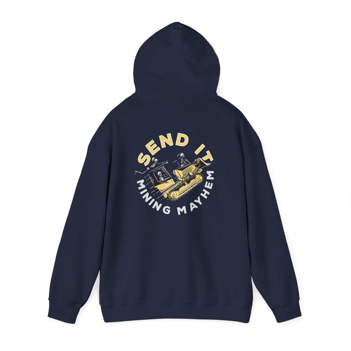 Send It hoodie in navy, back print, hanging