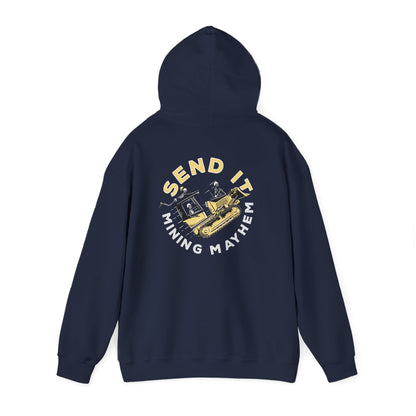 Send It hoodie in navy, back print, hanging