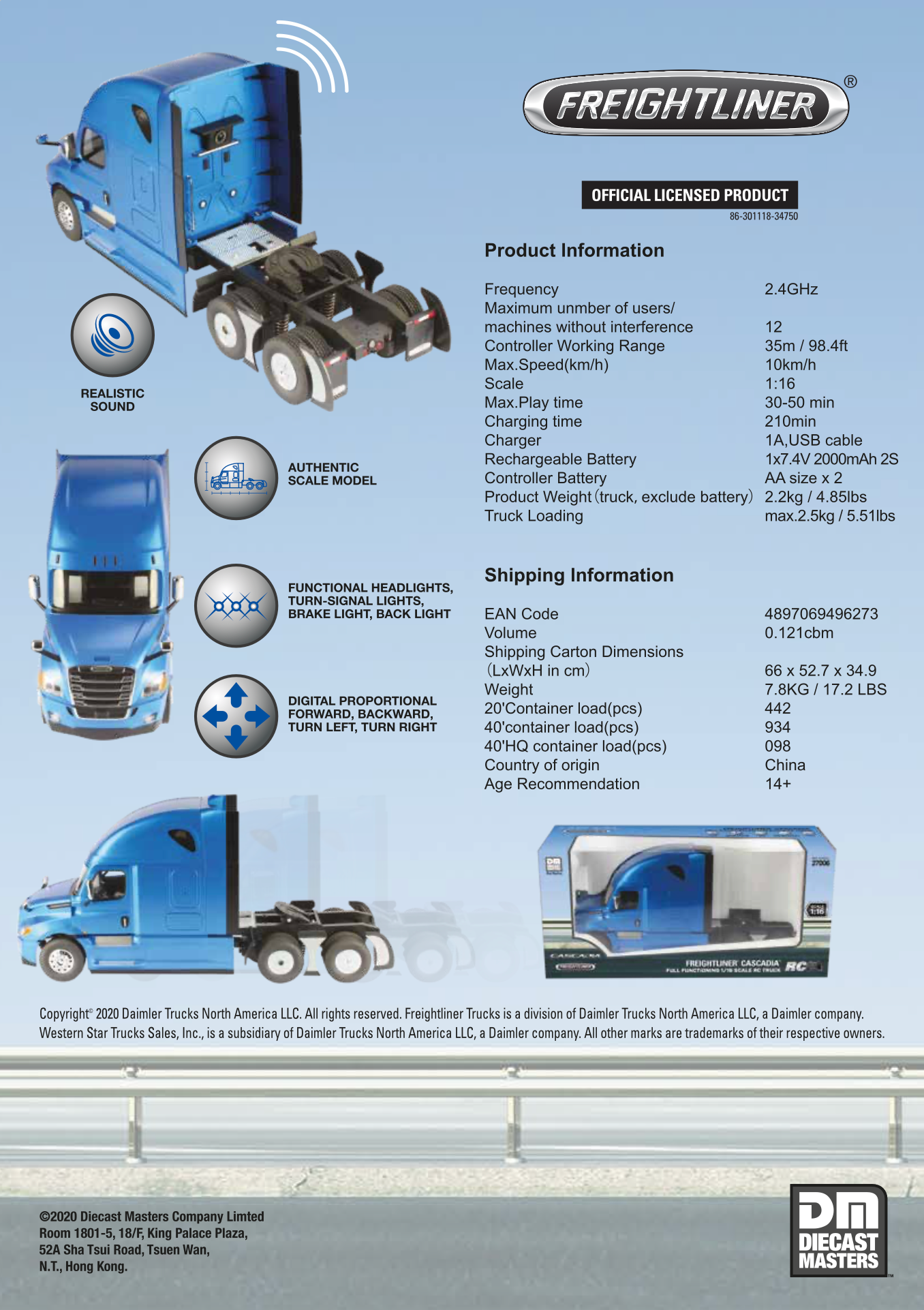 Freightliner 1:16 scale Remote Controlled Cascadia Truck