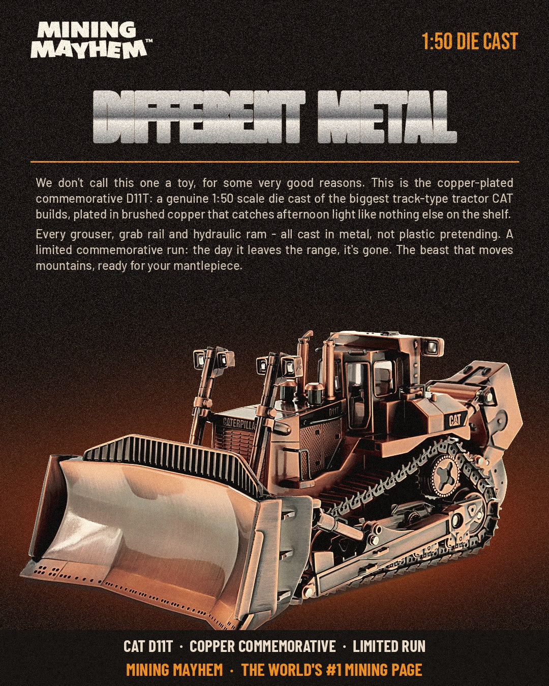 CAT D11T Dozer copper plated 1:50 scale die cast model