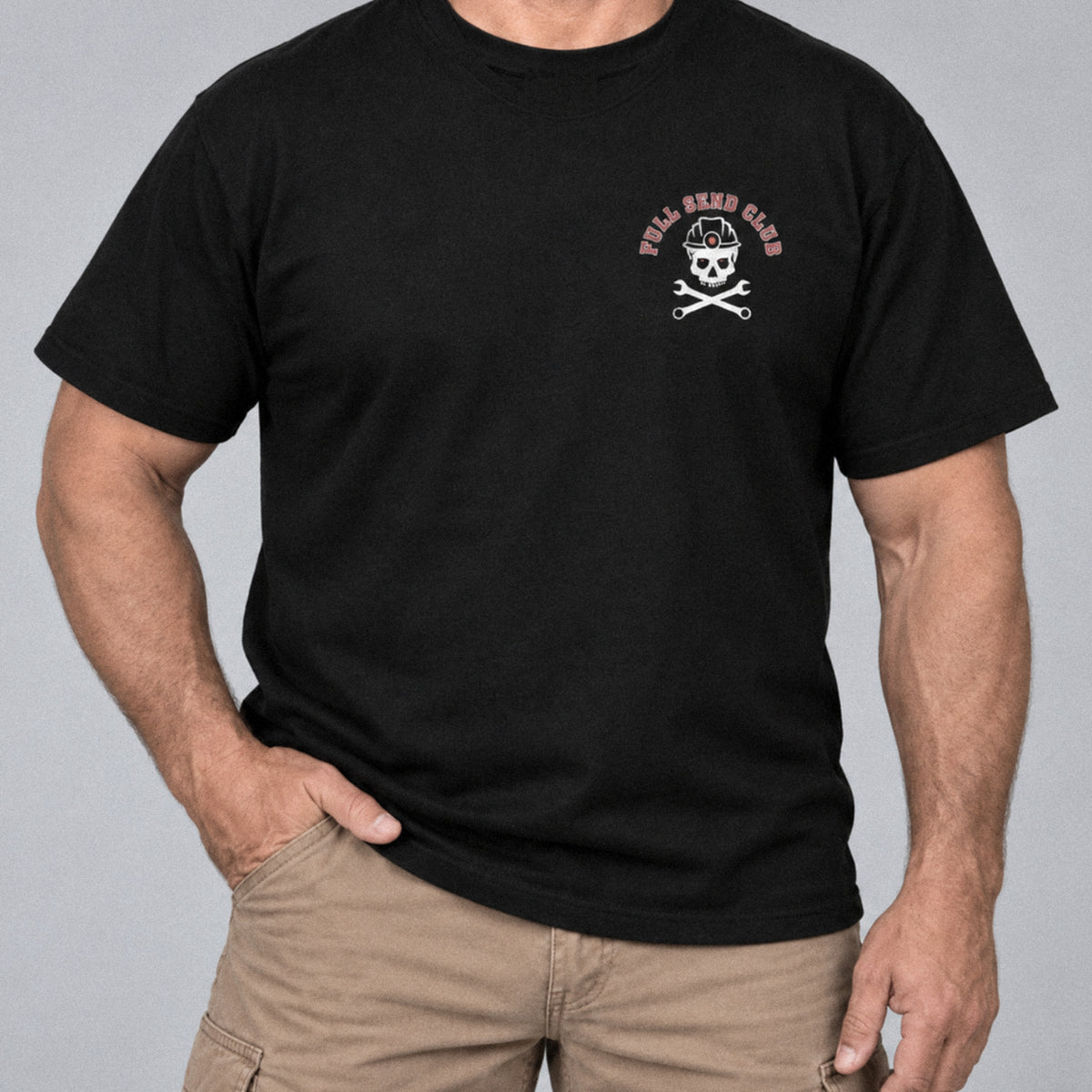 Full Send Club tee front, studio