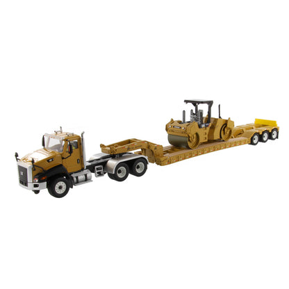 CT660 Day Cab & XL 120 Low Profile Trailer with CAT CB-534D XW Vibratory Asphalt Compactor 1:50 Scale Die Cast Model