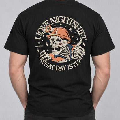 I Love Nightshift tee back print, studio