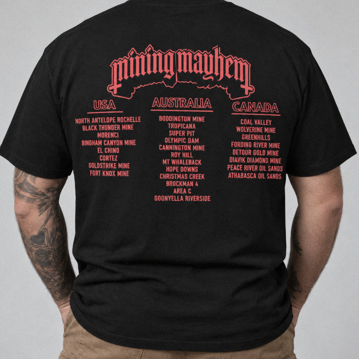 Mining Mayhem Tour tee back print, studio