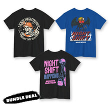 Night Crew Tee 3-Pack bundle deal: I Love Nightshift Skull, I Survived Night Shift and Night Shift Happens tees