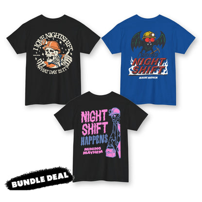 Night Crew Tee 3-Pack bundle deal: I Love Nightshift Skull, I Survived Night Shift and Night Shift Happens tees