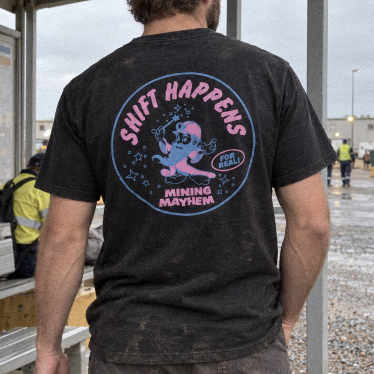 Shift Happens tee worn on site