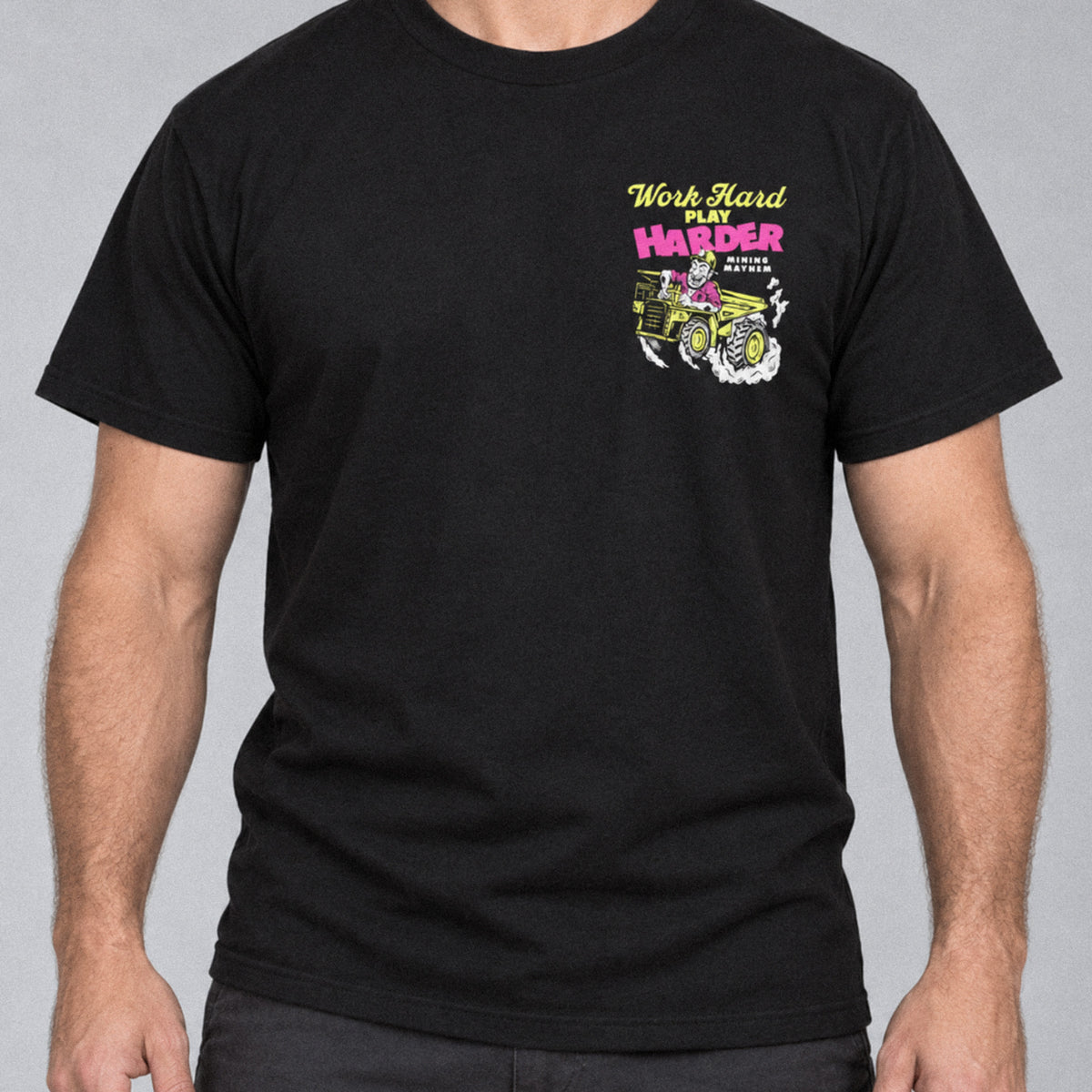 Work Hard Play Harder t-shirt in black, worn, left chest print