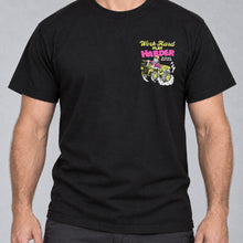 Work Hard Play Harder t-shirt in black, worn, left chest print