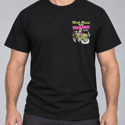 Work Hard Play Harder t-shirt in black, worn, left chest print