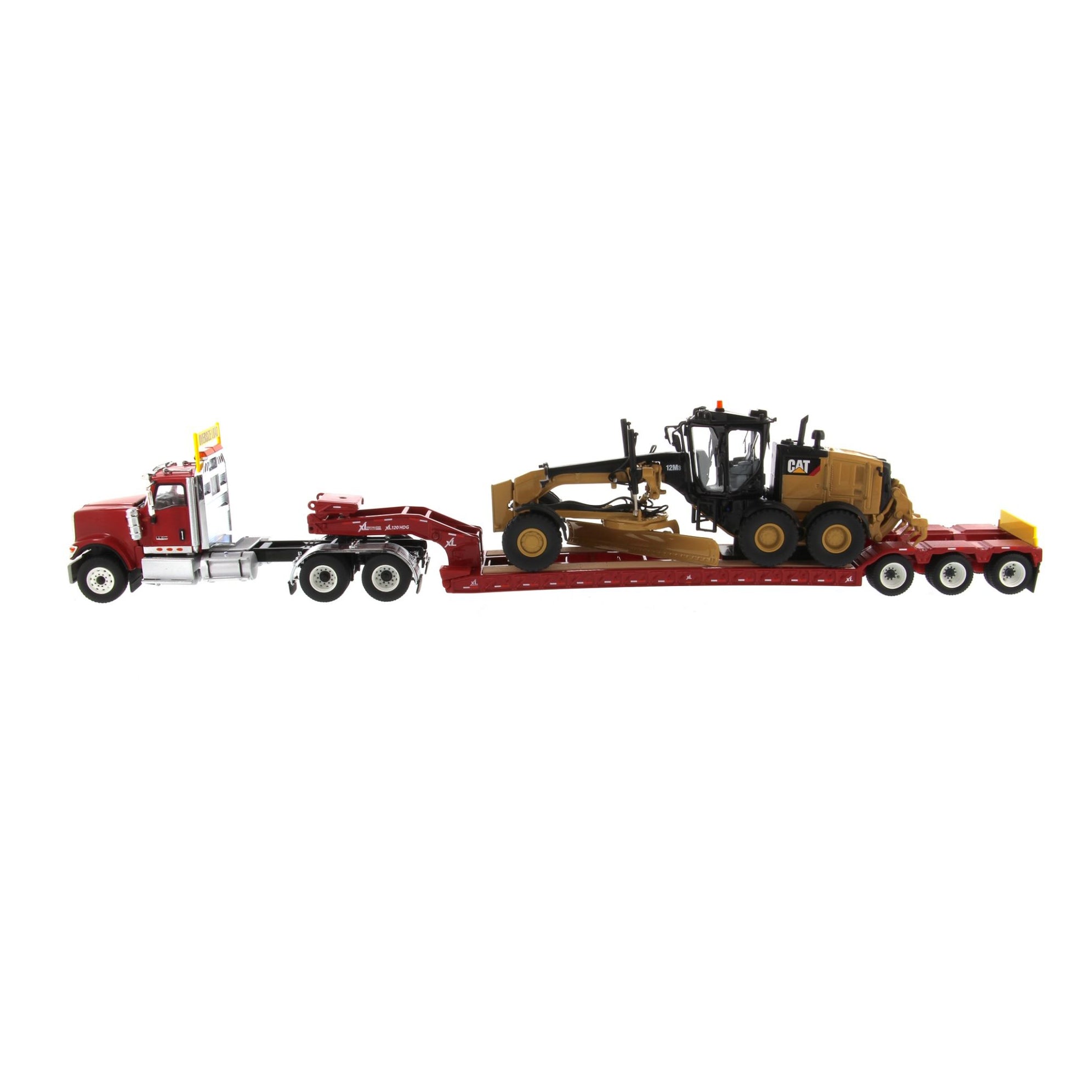 International HX520 Tandem Red with XL120 Red Trailer and Cat 12M3 Grader 1:50