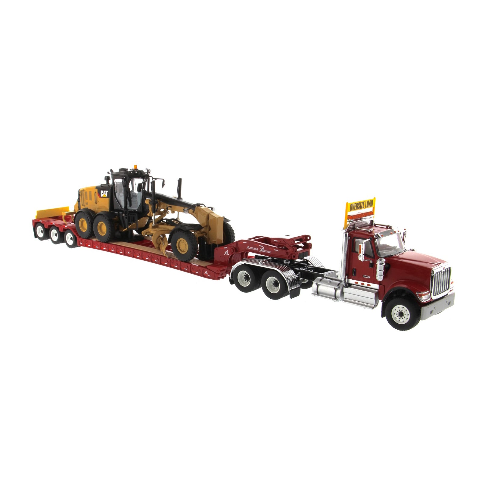 International HX520 Tandem Red with XL120 Red Trailer and Cat 12M3 Grader 1:50